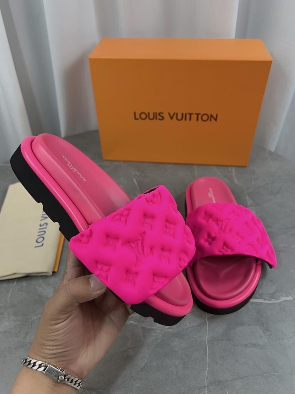 Neon Pink Embossed Monogram Slide Sandals